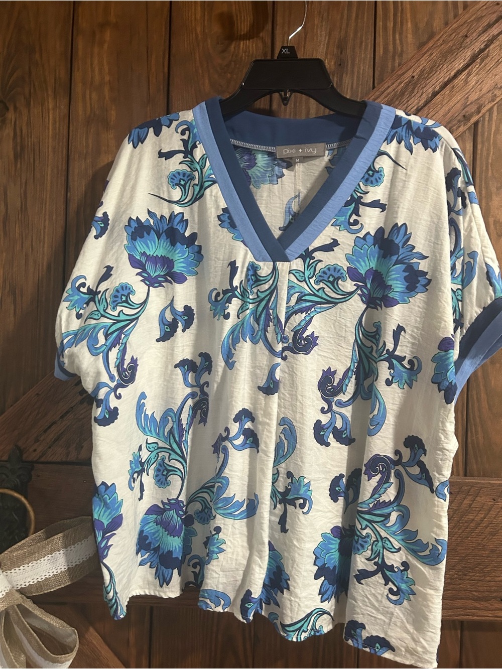 Blue Floral V-Neck Blouse
